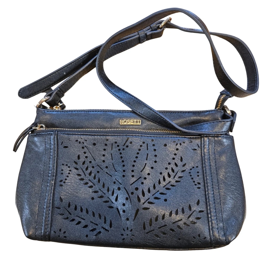 Rosetti Crossbody Bag Womens Small Black Laser Cut Floral Vegan Leather Gold Zip